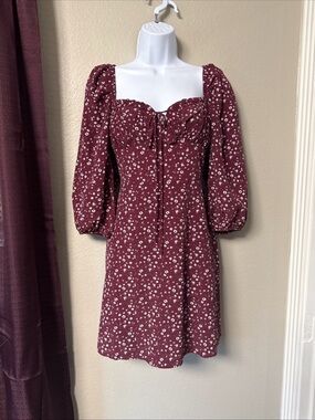 #810 Glamorous Burgundy Floral Boho Mini Dress Size Small